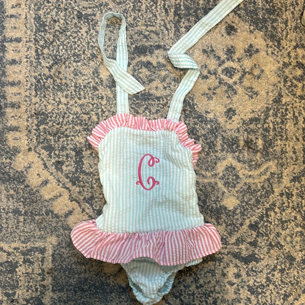 Cecil and Lou blue and pink “C” monogrammed bathing suit 2T